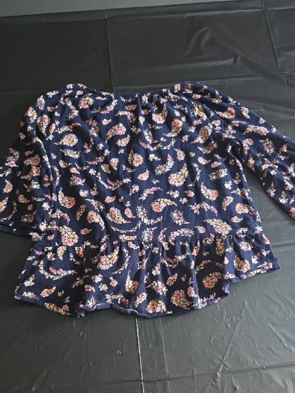 Old Navy Navy Floral Peasant Top with Pink and Yellow Flowers